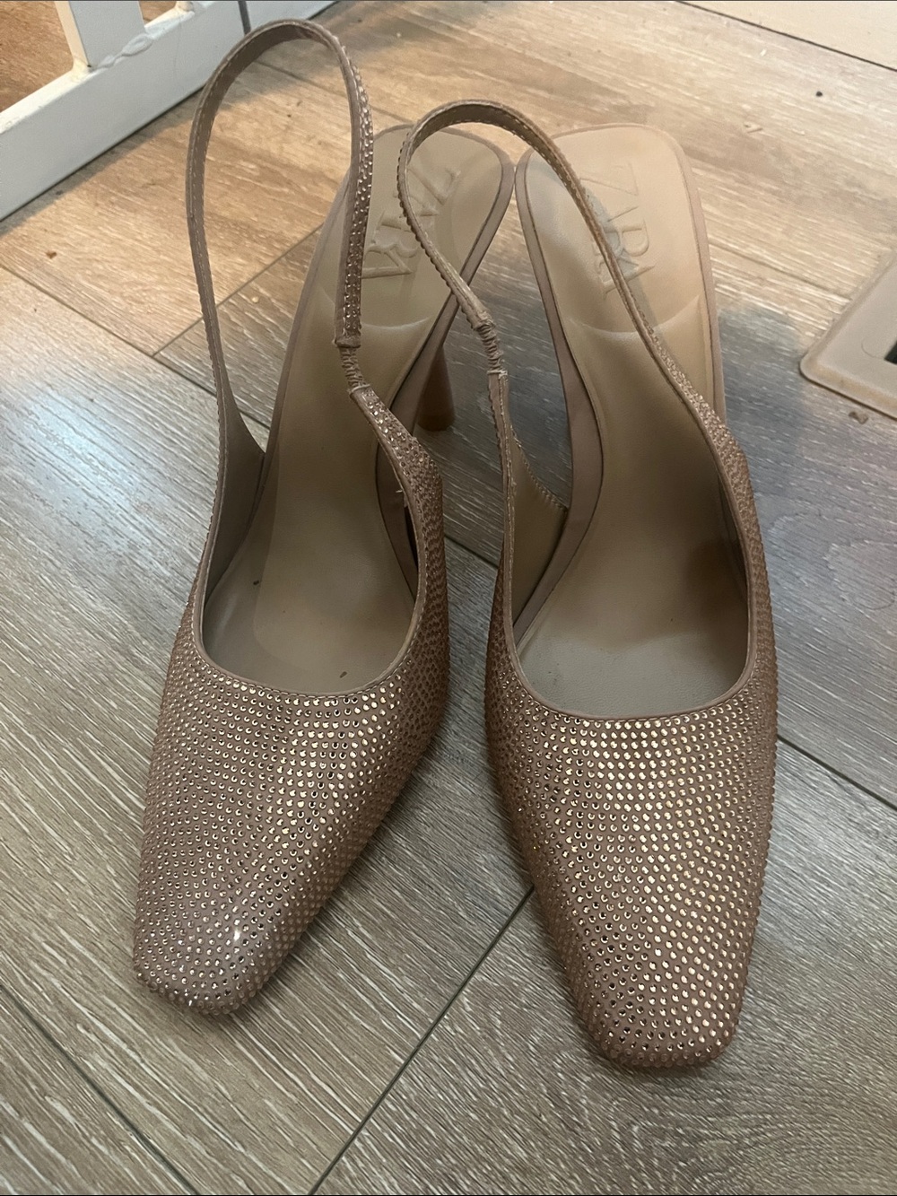 ZARA Nude Pink Slingback Pointed Heels with Rhinestone Detail